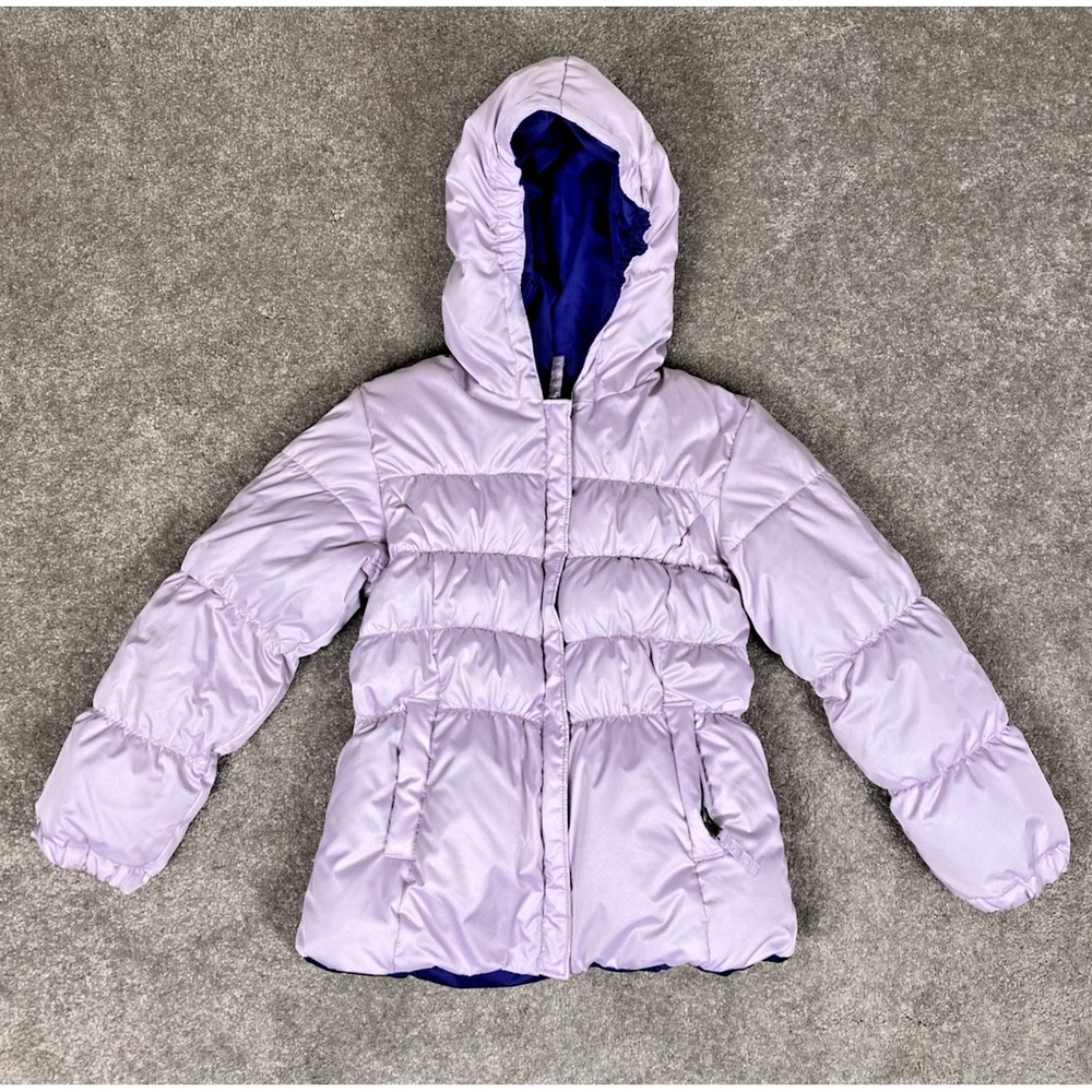 Lands End Girls Puffer Reversable Hooded Ski Jacket Down Insulated Med 5-6